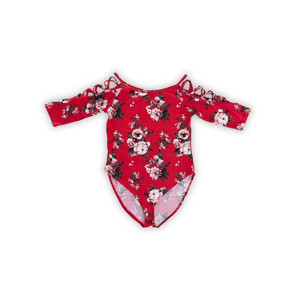 Rue21 Red Floral Cold Shoulder Strappy Lattice Sleeve Bodysuit Size M